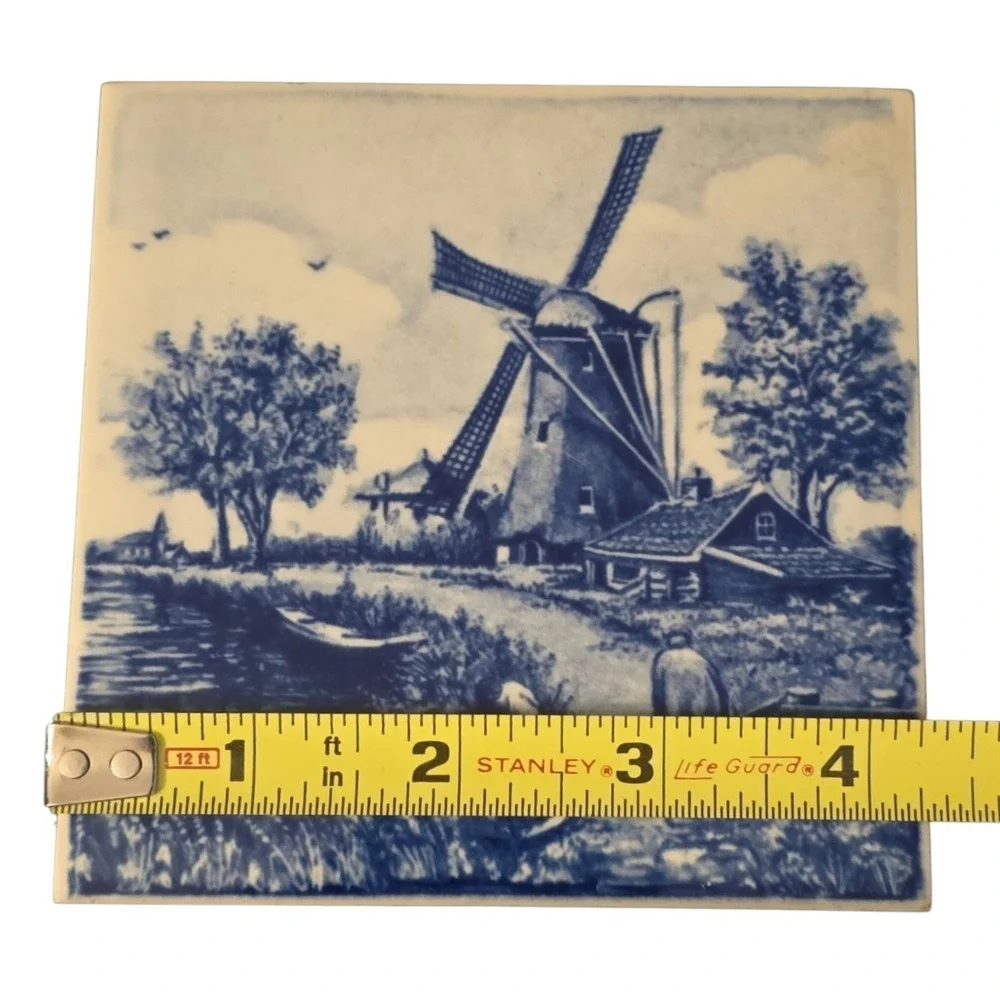 Vintage Delft‎ Blue Holland Dutch Windmill Tile Wall Decor Farm Scene